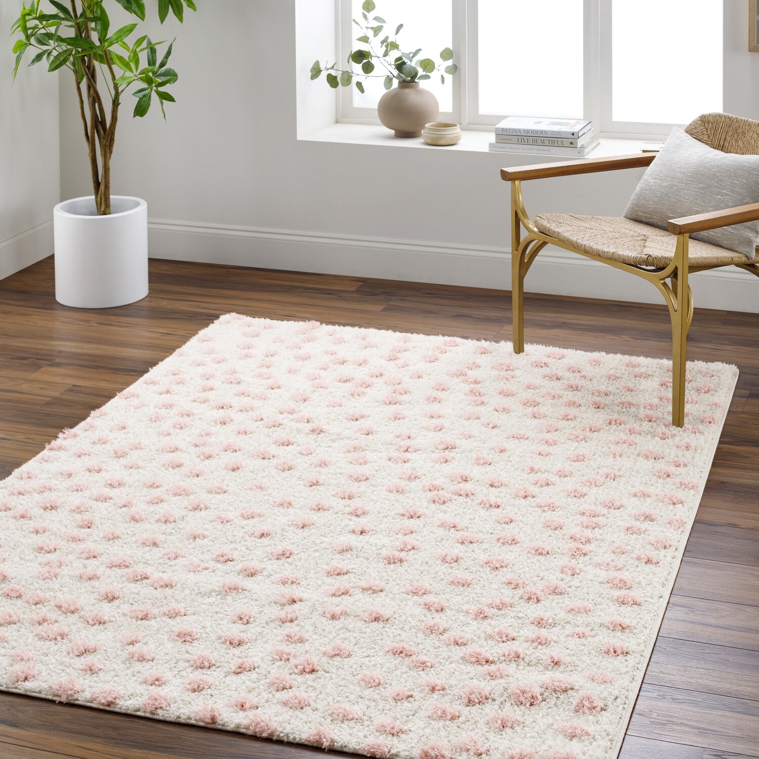 Pink and White Polka Dot Shag Area Rug