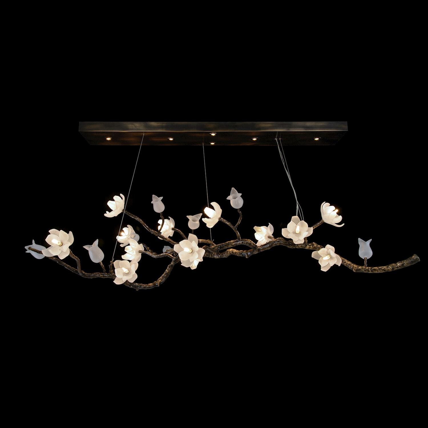 Magnolia and Tulip Frosted Glass Chandelier in Bronze