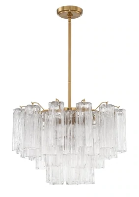 9-Light Aged Brass Tiered Chandelier with White Tronchi Glass