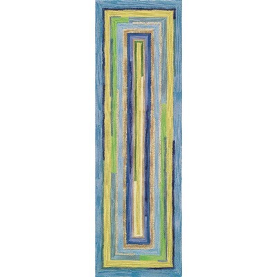 Geometric 8 Ft Blue Green Wool Runner Rug