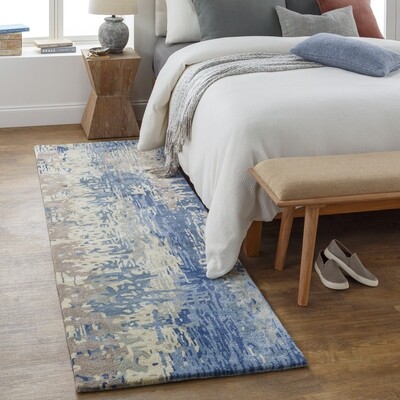 Contemporary 8 Ft Blue Taupe and Cream Runner Rug