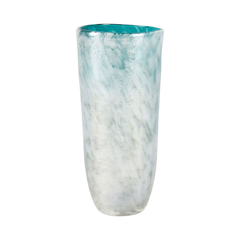 Iridescent White and Blue Glass Vase - 11 Inches