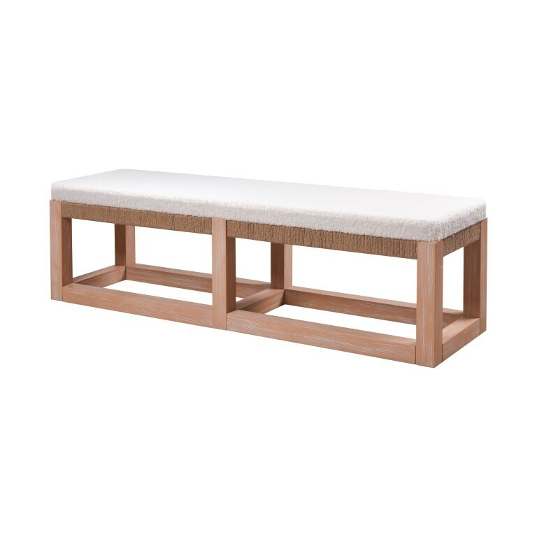 White Upholstered Boucle Rope Accent Wood Bench