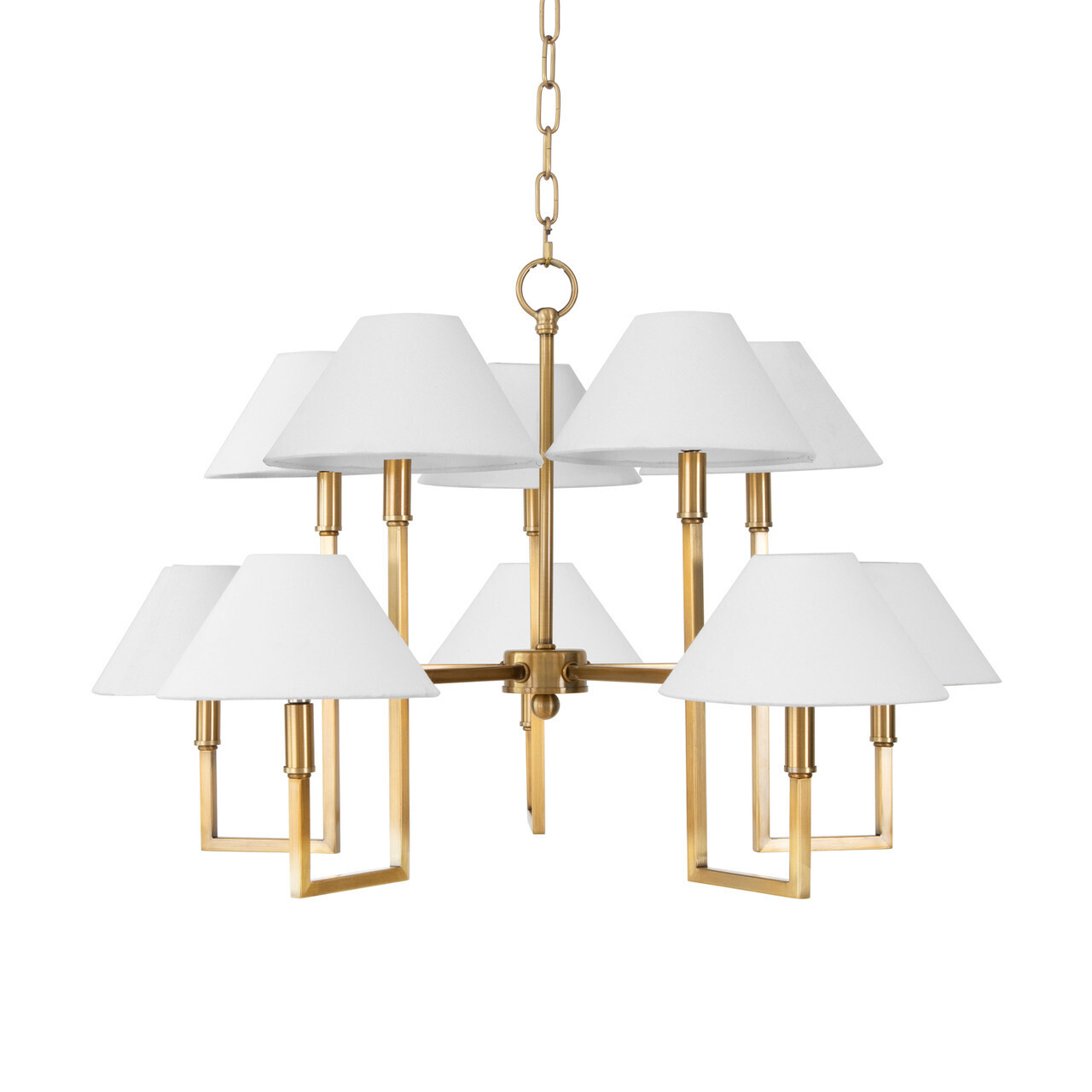 Antique Brass 10-Light Five Arm Shaded Chandelier