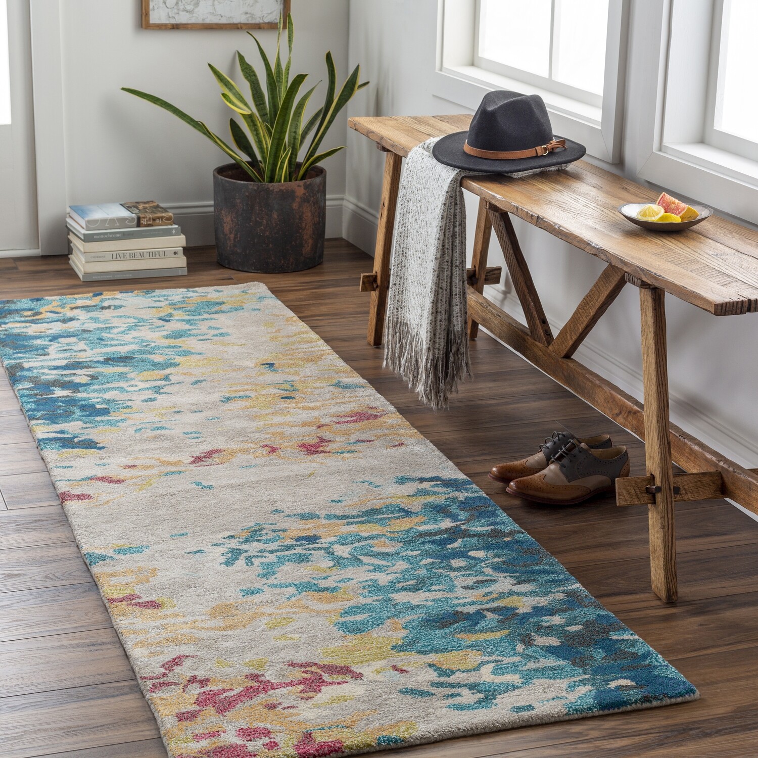 Hand-Tufted 2'6" x 8' Runner Wool Rug in Blue, Burnt Orange, Yellow