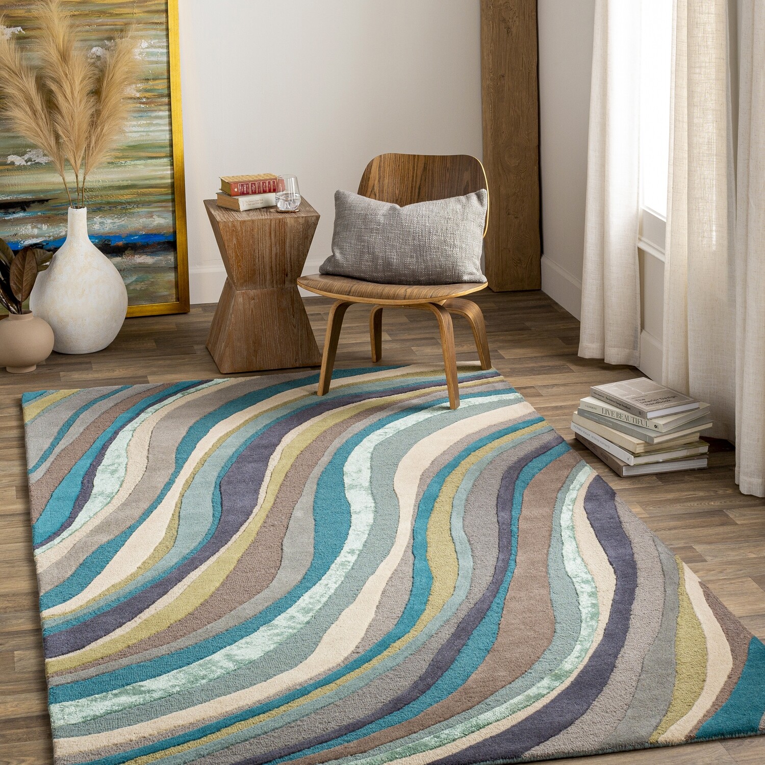 Hand-Tufted Abstract Ocean Blue Teal Waves Area Rug