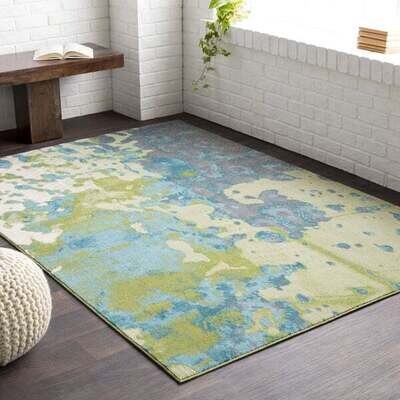 Deep Teal and Olive Abstract Contemporary Area Rug 5'2" x 7'6"