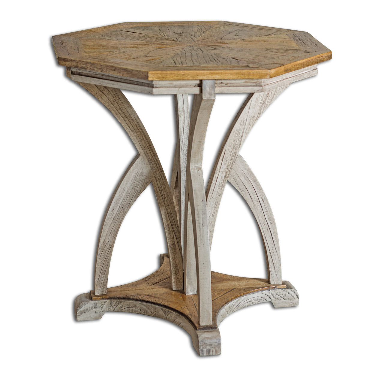Aged White Carved Octagonal Side Table