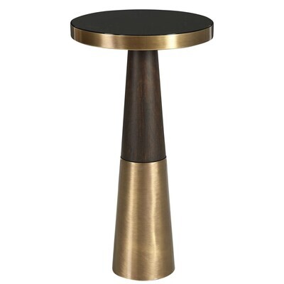 Wood martini accent table with a black glass top and gold accents