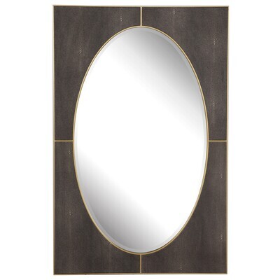 Modern Oval Wall Mirror with Gray Faux Shagreen Overlay