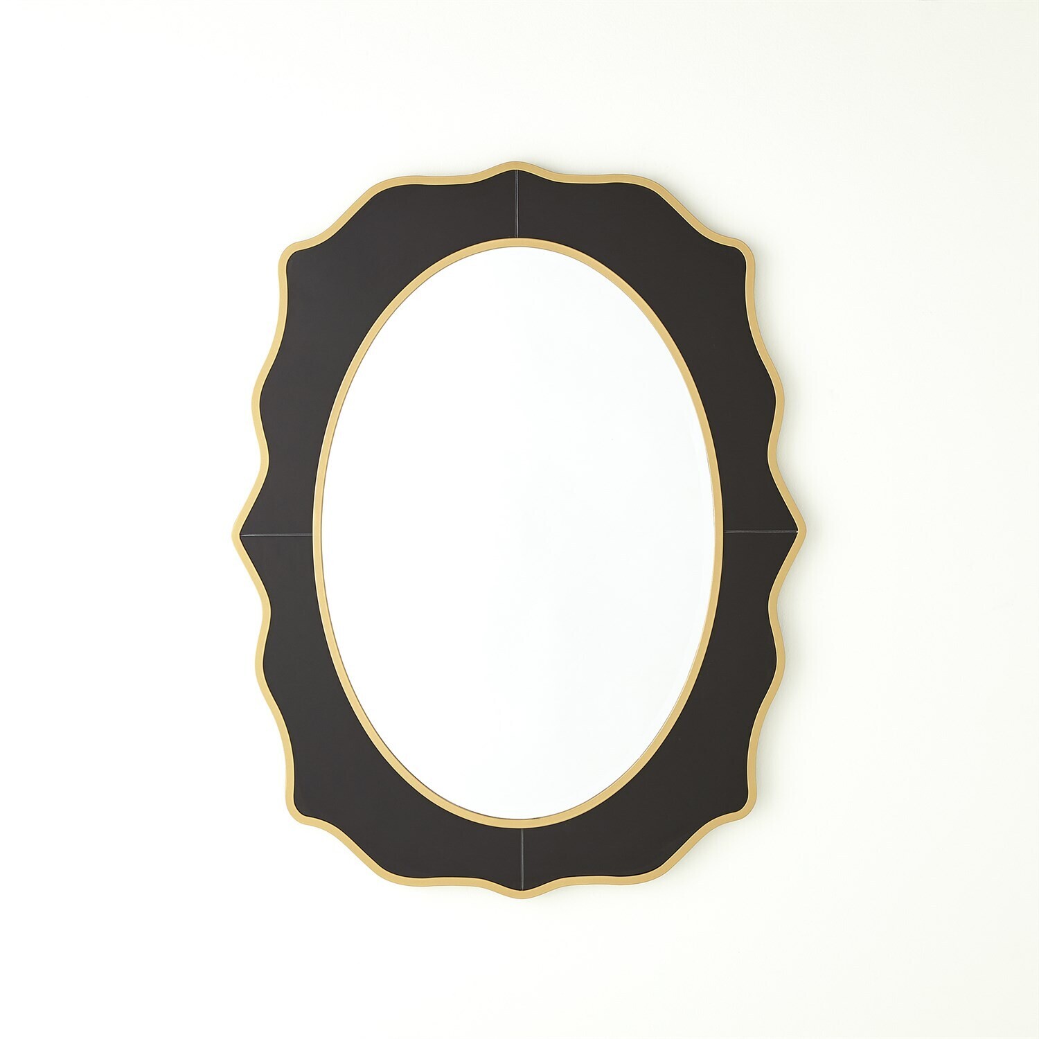 Oval Beveled Scalloped Frame Mirror in Black and Gold