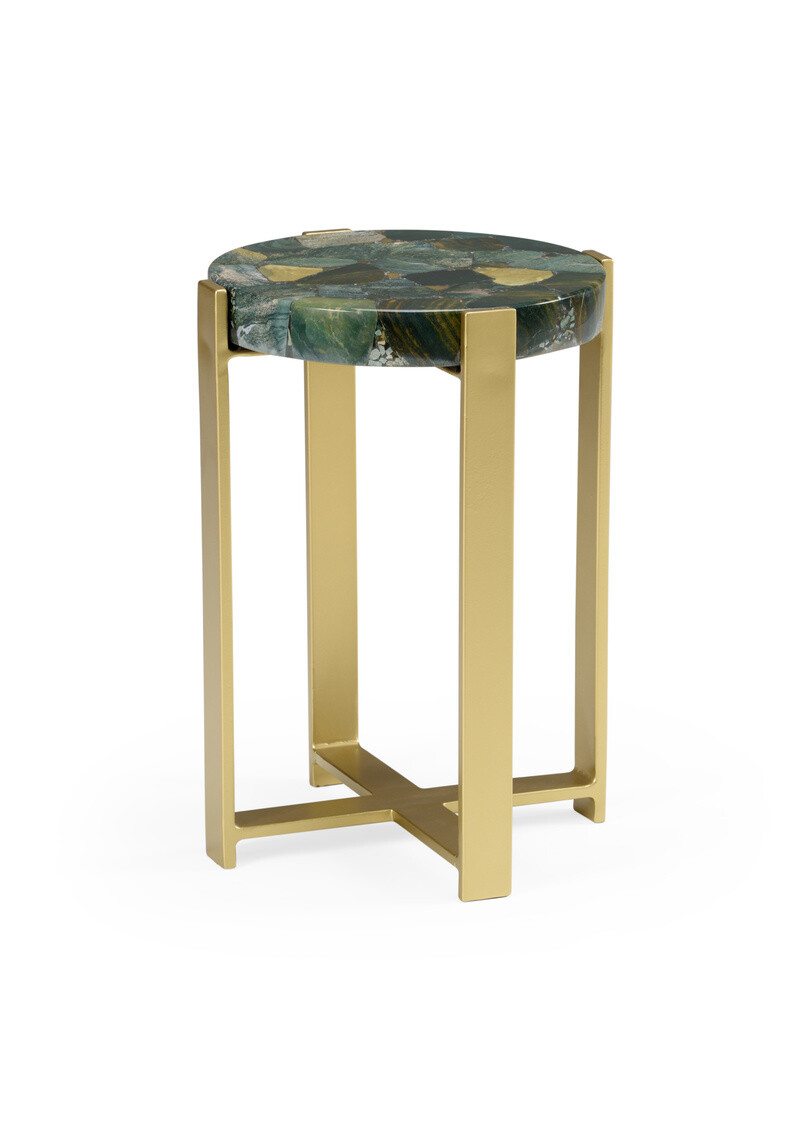 Jasper Green Agate Stone Round Accent Table with Gold Iron Base