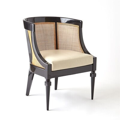 Black Cane Wing Chair with Ivory Leather Cushion