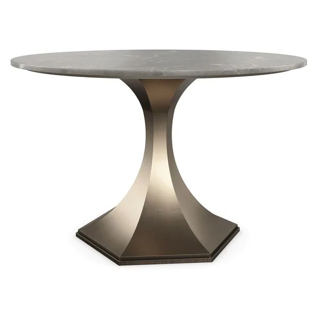 Grey Stone Top Round Modern Dining Table with Brass Pedestal Base