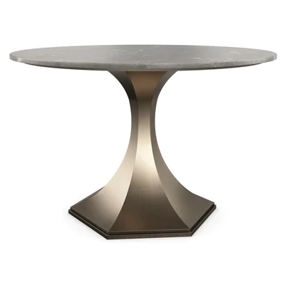 Grey Stone Top Round Modern Dining Table with Brass Pedestal Base