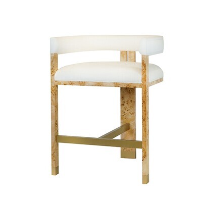 Modern White Upholstered Linen Burl Wood Counter Stool