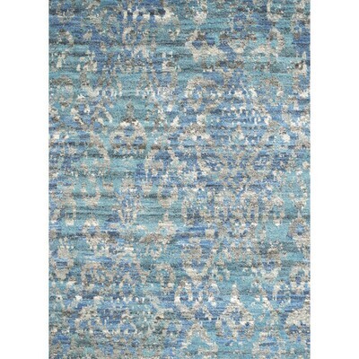 Hand-Knotted Wool Area Rug in Aqua and Blue