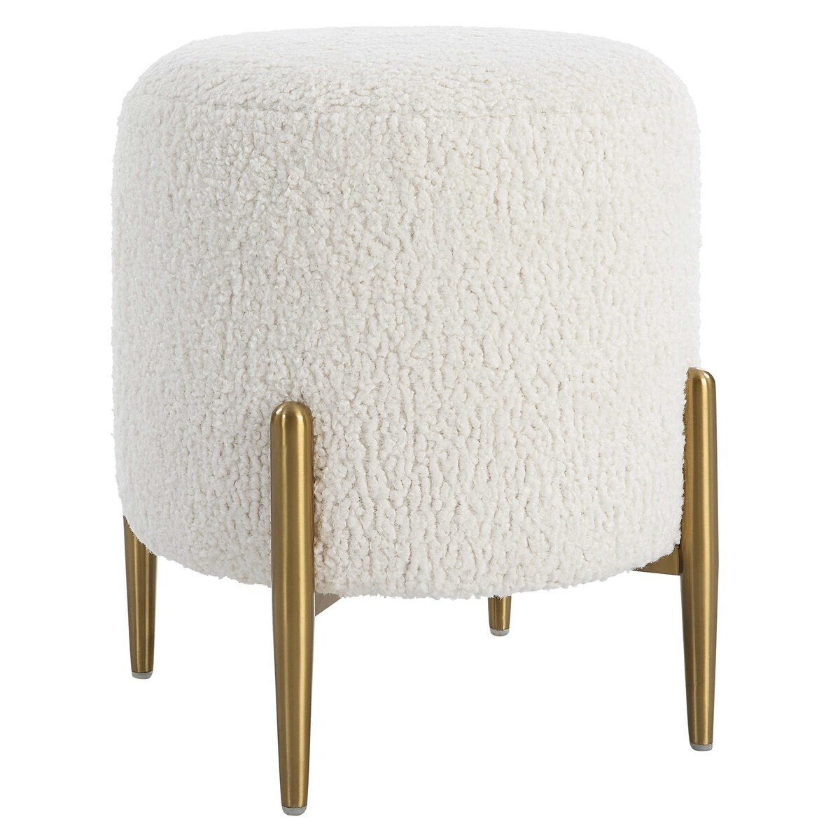 Arles White Shearling Pouf Ottoman with Gold Metal Legs