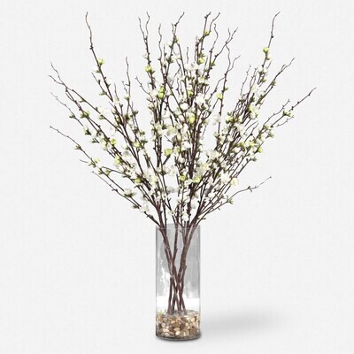 Faux White Quince Blossom Branch Centerpiece