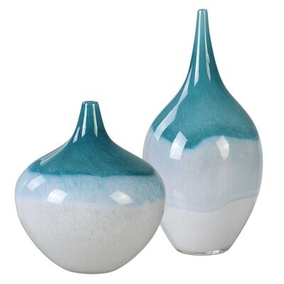 Modern Teal Green and White Glass Vases - Set of 2