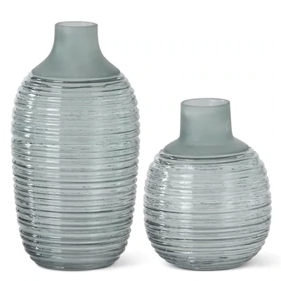 Set of 2 Frosted Sage Green Ribbed Bottle Neck Vase