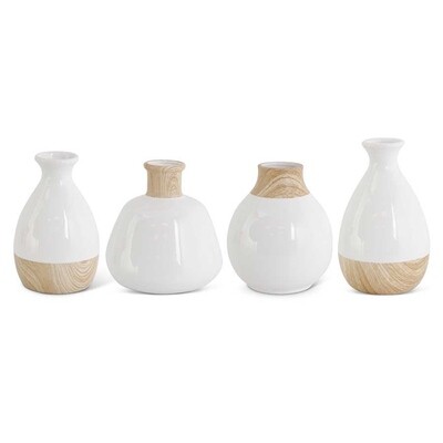 Set of 4 White Stoneware Vases with Wood Decal Detail