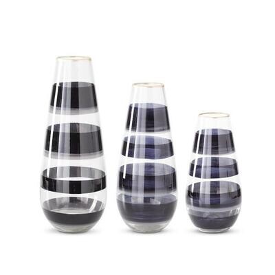 Set of 3 Black & Gray Striped Clear Glass Vases