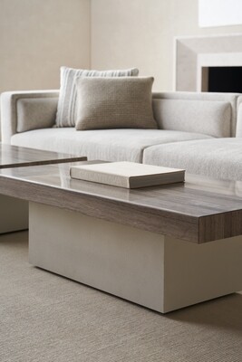 Rectangular Wood Cocktail Table with Travertine Top