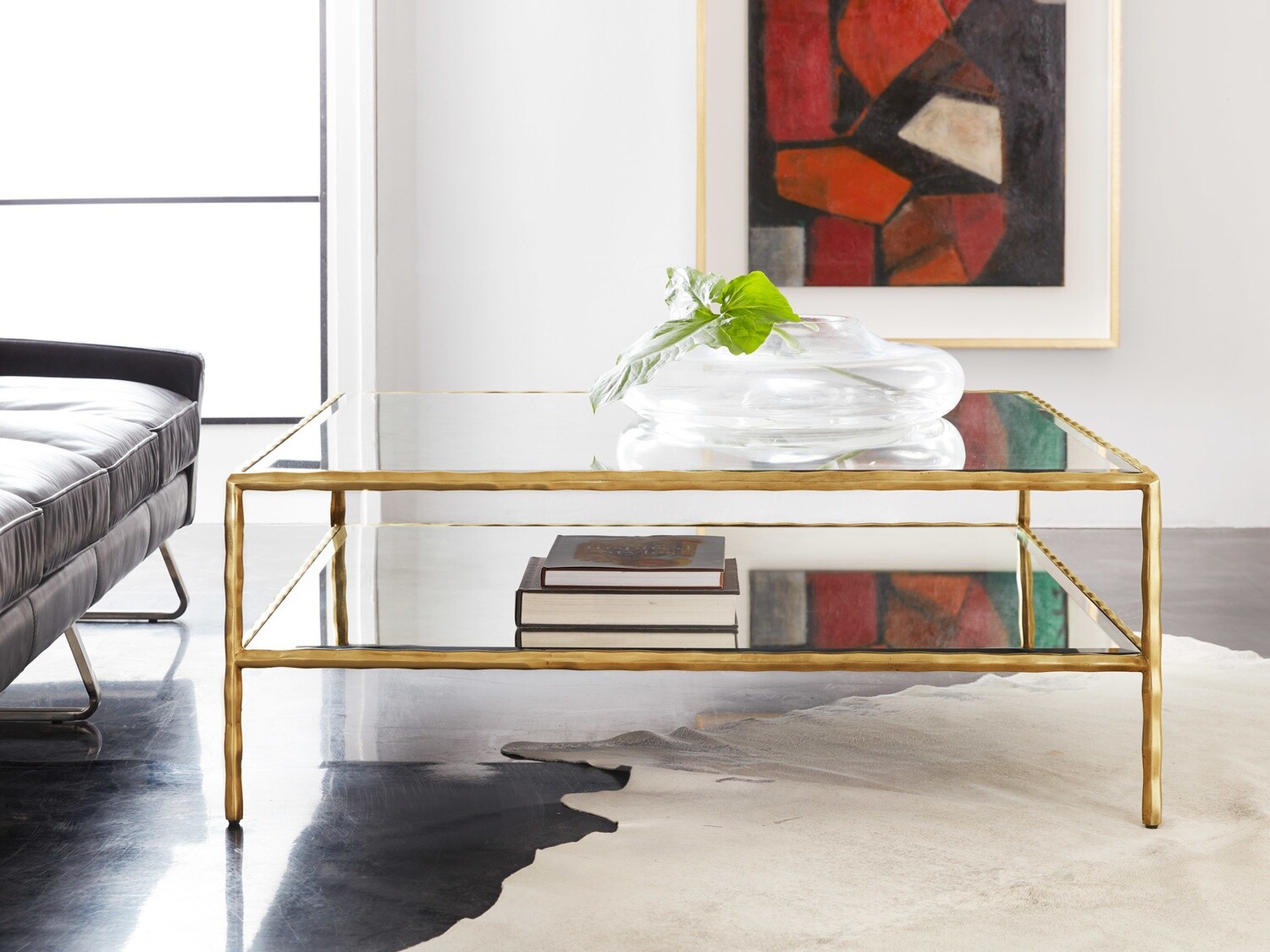 Gold Metal and Glass Cocktail Table with Shelf