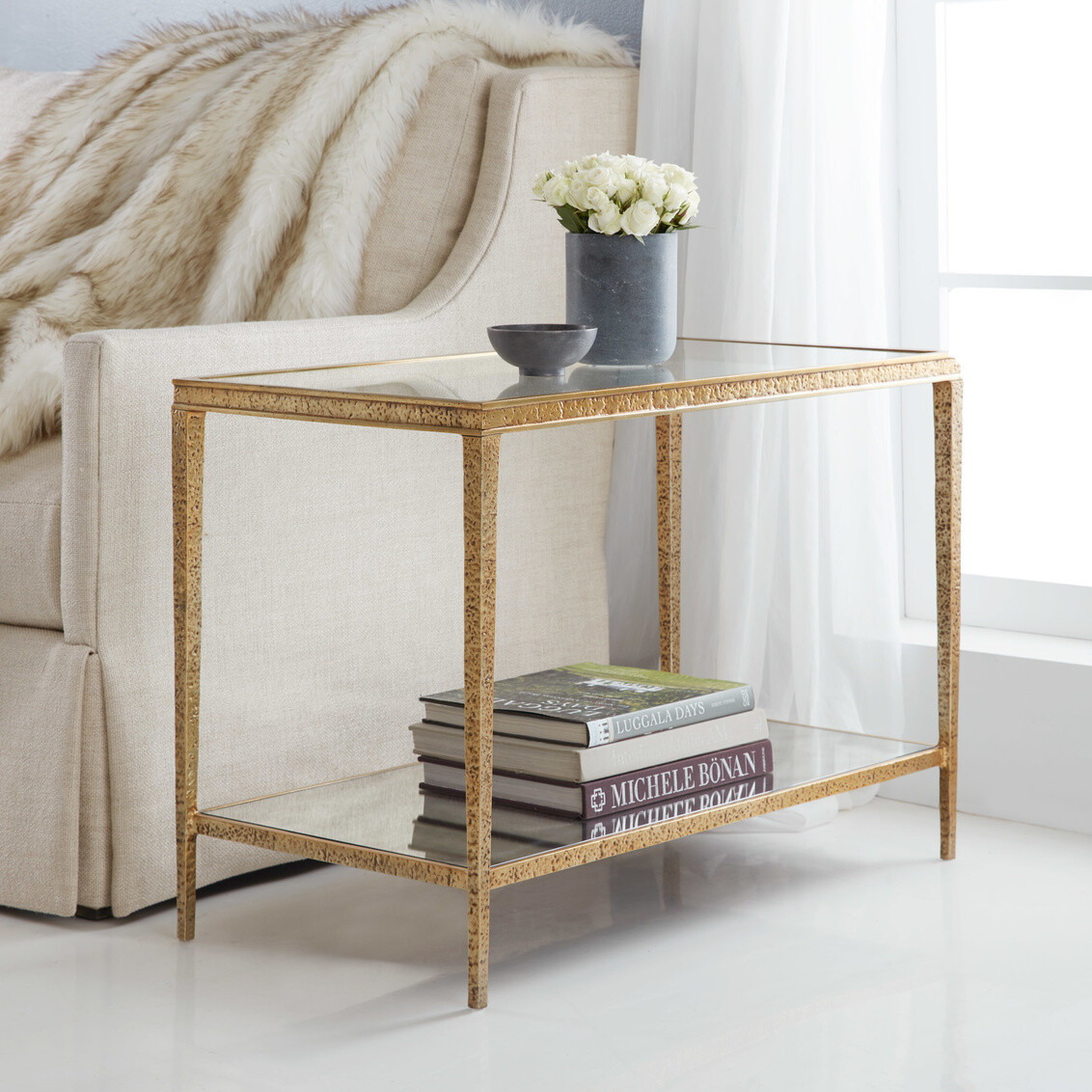 Rectangular Textured Brass Side Table with Shelf