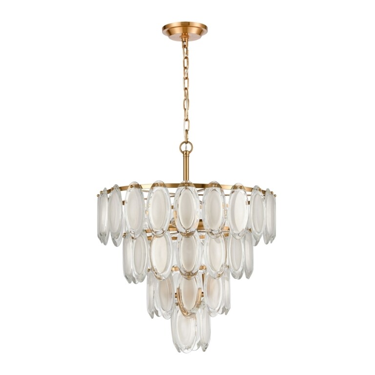 Aged Brass Tiered Chandelier with Cascading Oval Glass Drops