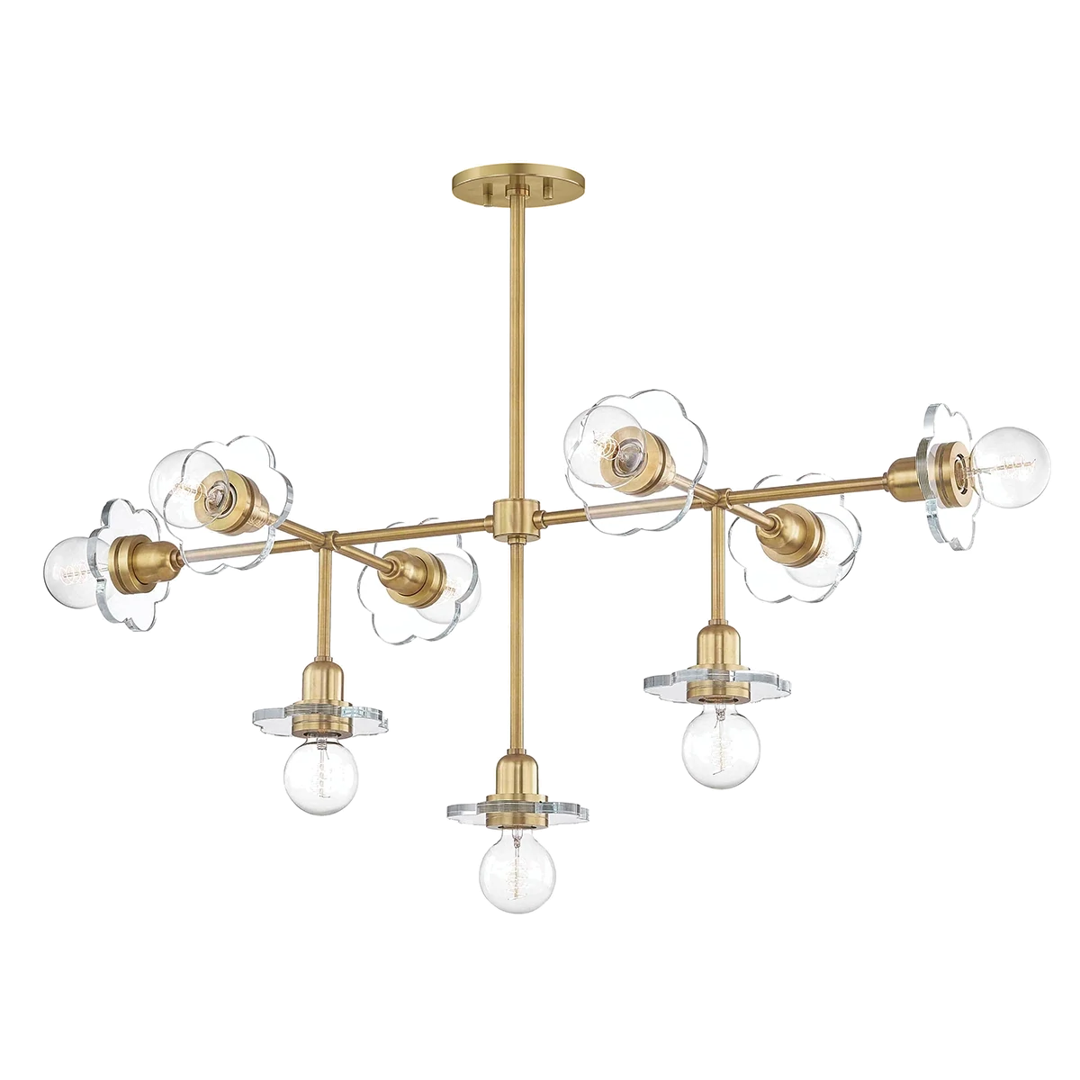 Modern Linear Brass Chandelier with Clear Glass Globes