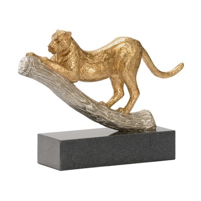 Gold Leopard Statue on Branch with Black Marble Base