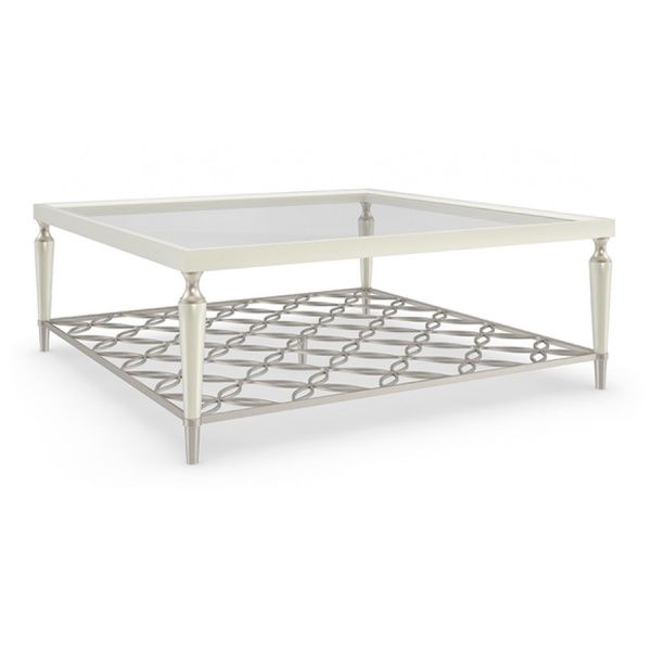 Square Glass Top Cocktail Table with Fretwork Shelf