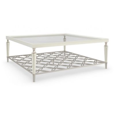 Square Glass Top Cocktail Table with Fretwork Shelf