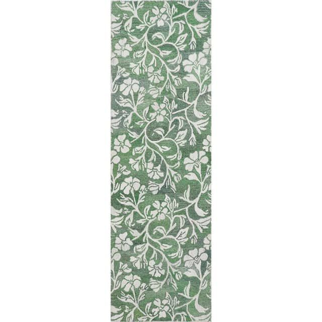 White and Green Floral Runner Rug