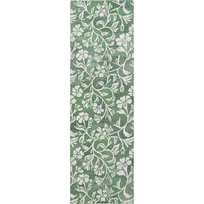 White and Green Floral Runner Rug