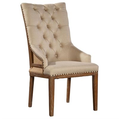 Farmhouse High Back Dining Armchair with Tufted Beige Upholstery