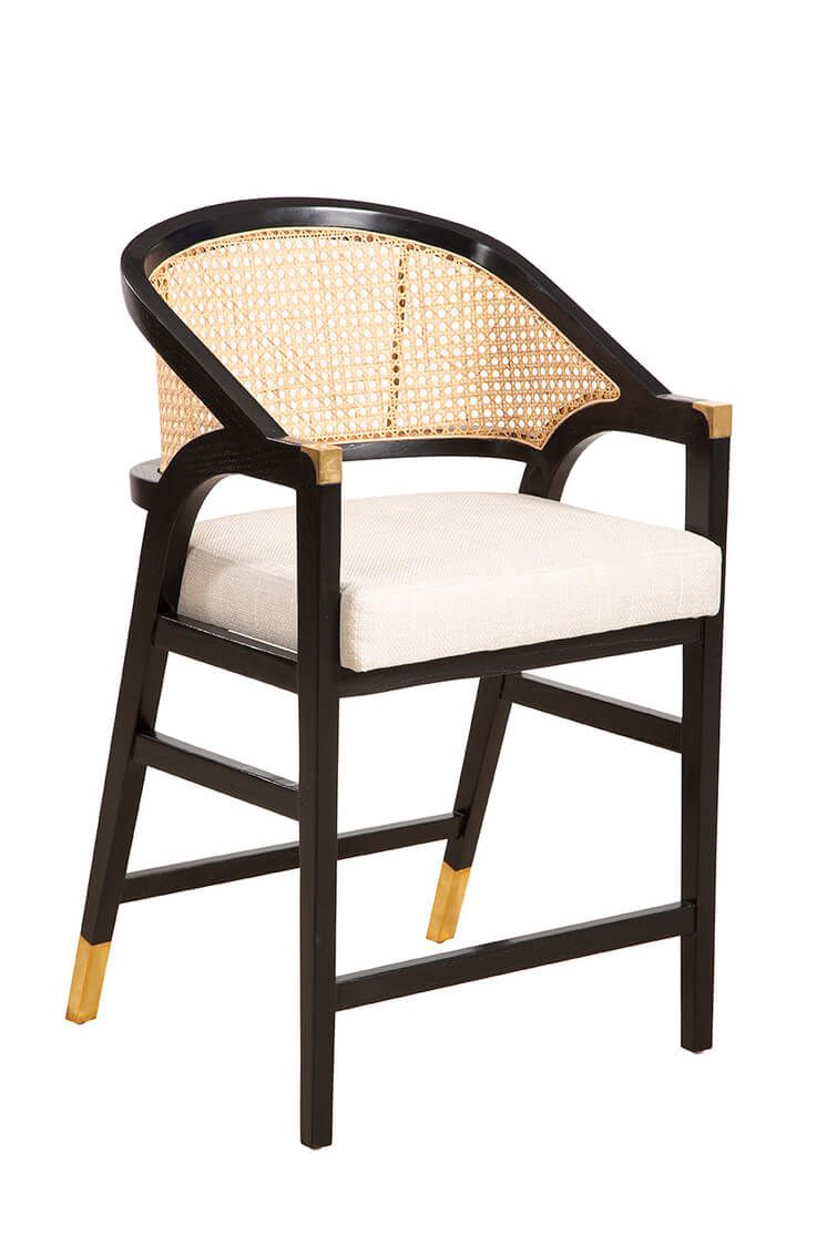 Modern Solid Wood Frame Cane Rattan Back Kitchen Counter Height Bar Stool in Black