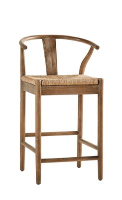 Light Brown Oak Wood Frame Woven Seat Wishbone Counter Stool