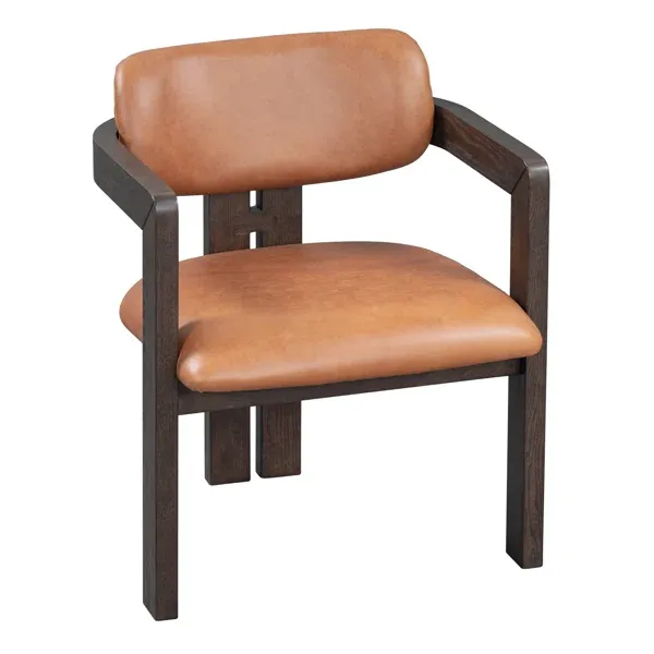 Distressed Tan Leather and Dark Brown Ash Wood Dining Armchair