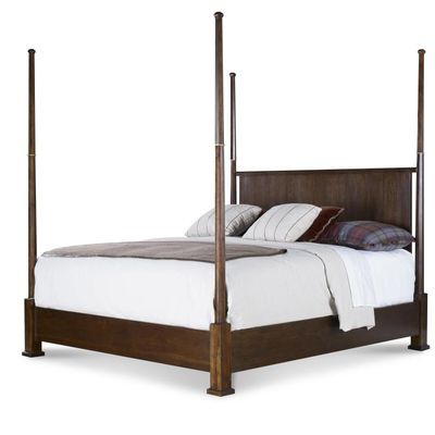 Modern Brown Acacia Wood Frame Four-Poster King Bed
