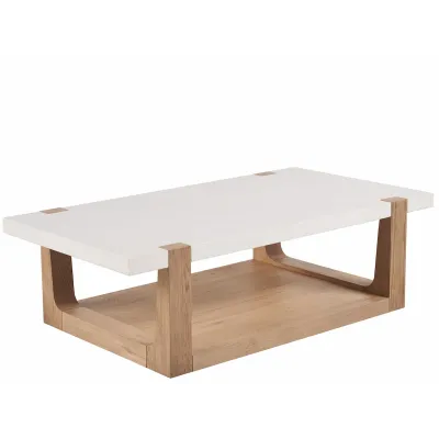 White Quartz Coffee Table With light BrownOak Wood Base