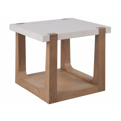 White Quartz End Table with Floor Shelf Oak Wood Base