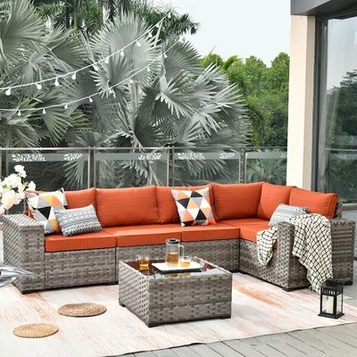 6-Pieces-Patio-Gray-Rattan- Wicker-Conversation-Tea-Table-Sectional-Sofa-Set-with-Orange-Red-Cushions