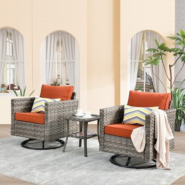 Set of 2 Gray Rattan Swivel Rocking Patio Chairs with Cushions