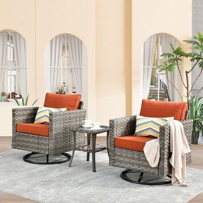 Set of 2 Gray Rattan Swivel Rocking Patio Chairs with Cushions