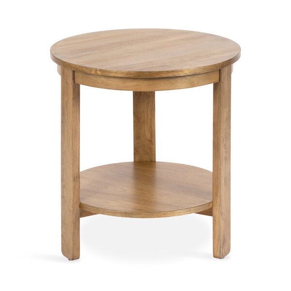 Natural wood round end table with storage