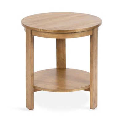 Natural wood round end table with storage