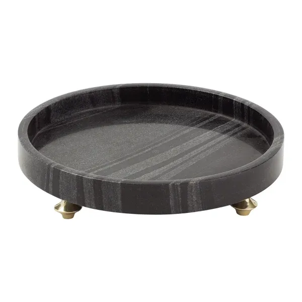 Black Marble Round Decorative Serving Tray with Gold feet